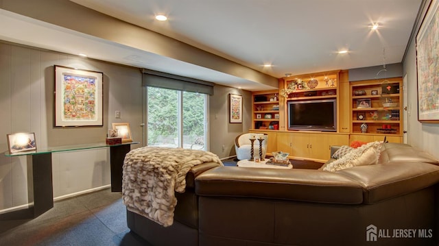 15 Timber Rd, East Brunswick, NJ 08816 - living room with dark carpet, built in features, and recessed lighting