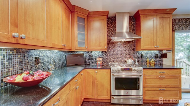 15 Timber Rd, East Brunswick, NJ 08816 - kitchen with wall chimney range hood, high end stove, backsplash, glass insert cabinets, and brown cabinets