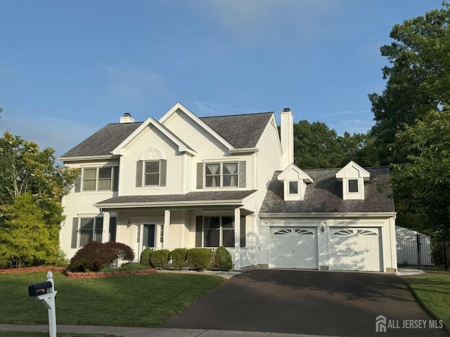 117 Providence Blvd, South Brunswick, NJ 08824 - view of front facade featuring driveway, a front lawn, a chimney, and a garage