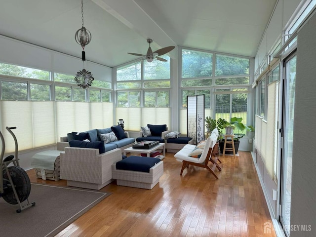 117 Providence Blvd, South Brunswick, NJ 08824 - sunroom / solarium with an outdoor living space, hardwood / wood-style floors, ceiling fan, high vaulted ceiling, and a deck