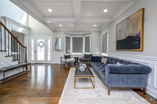 328 Coolidge Dr, Kenilworth, NJ 07033 - living area with beam ceiling, stairway, coffered ceiling, recessed lighting, and wood finished floors