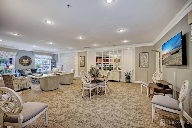 7102 Falston Cir, Old Bridge, NJ 08857 - living area featuring crown molding, recessed lighting, and light colored carpet