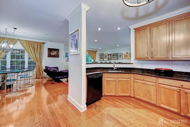 7102 Falston Cir, Old Bridge, NJ 08857 - kitchen featuring dishwasher, light wood-style flooring, dark stone counters, ornamental molding, and a chandelier