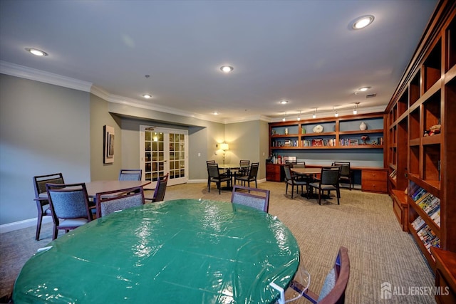 7102 Falston Cir, Old Bridge, NJ 08857 - playroom with light colored carpet, recessed lighting, crown molding, and french doors