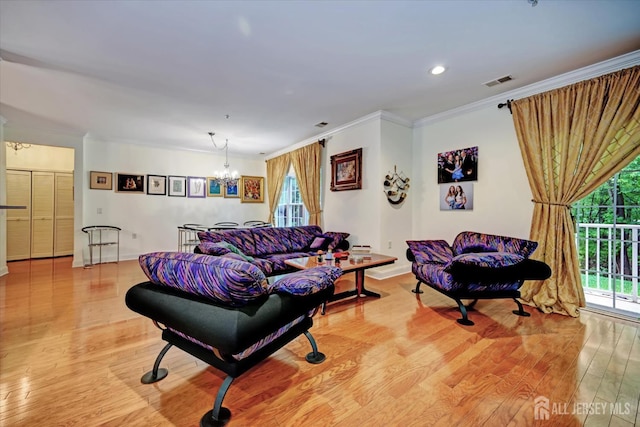 7102 Falston Cir, Old Bridge, NJ 08857 - living room featuring ornamental molding, a chandelier, light wood-style floors, and recessed lighting