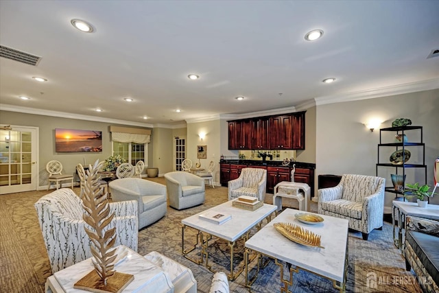 7102 Falston Cir, Old Bridge, NJ 08857 - living room with ornamental molding, recessed lighting, and light carpet