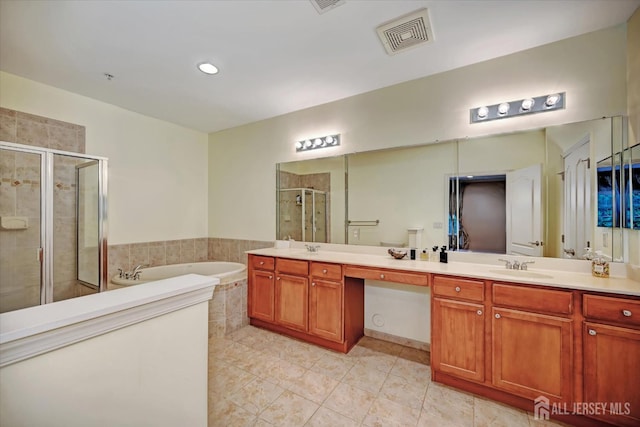7102 Falston Cir, Old Bridge, NJ 08857 - bathroom with double vanity, a stall shower, tile patterned floors, and a bath