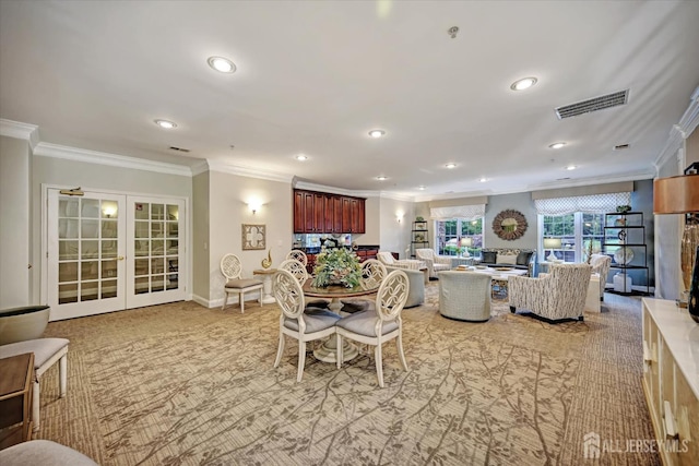 7102 Falston Cir, Old Bridge, NJ 08857 - dining room featuring ornamental molding, french doors, recessed lighting, and light colored carpet
