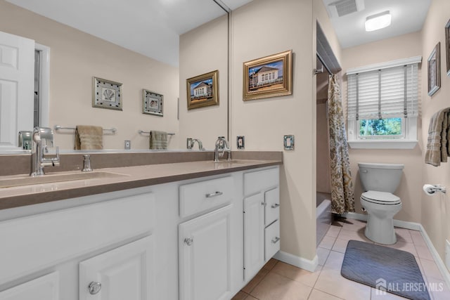 11 Diana Ct, East Brunswick, NJ 08816 - full bath featuring double vanity, toilet, tile patterned flooring, shower / bath combination with curtain, and baseboards