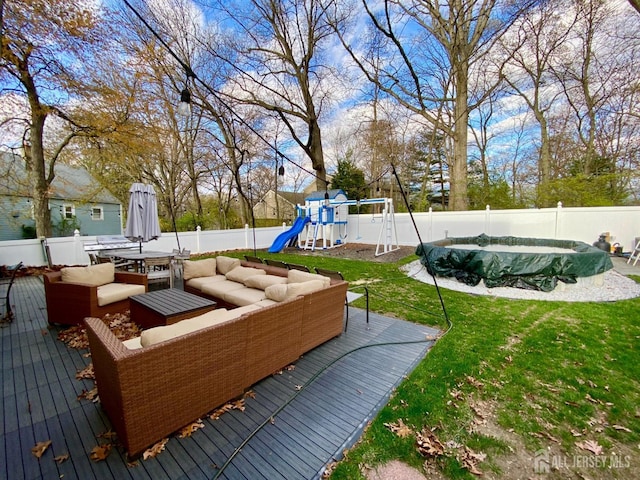 22 E Zoller Rd, East Brunswick, NJ 08816 - view of patio / terrace with a wooden deck, an outdoor hangout area, and a playground