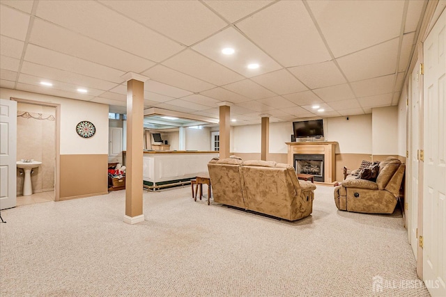 74 Gates Rd, Franklin, NJ 08873 - living area with recessed lighting, carpet, a fireplace, and a paneled ceiling