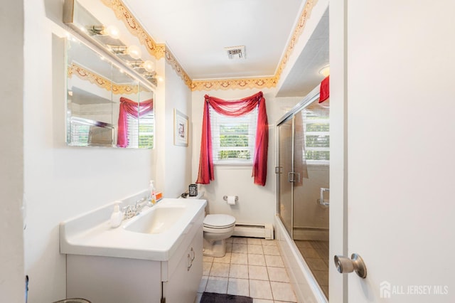 15 E Grant Ave, Colonia, NJ 07067 - bathroom with vanity, an enclosed shower, tile patterned flooring, and a baseboard heating unit