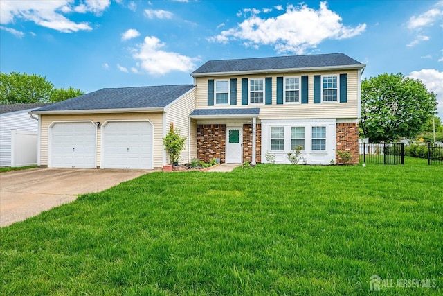 view of front of home with driveway, a garage, brick siding, and roof with shingles