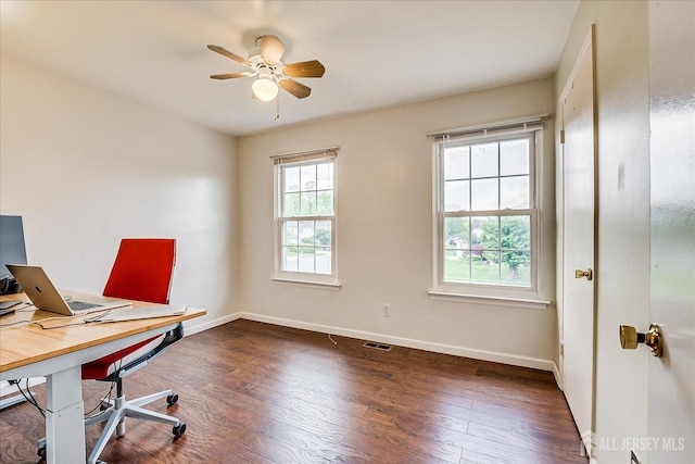 office area with ceiling fan, baseboards, and wood finished floors