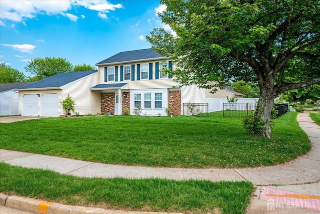 view of front facade featuring a garage, brick siding, driveway, and roof with shingles
