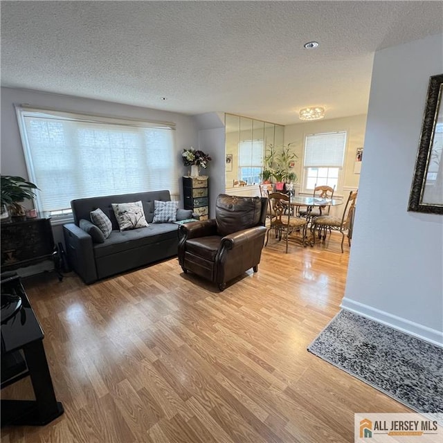 living room featuring a textured ceiling, baseboards, and light wood-style floors