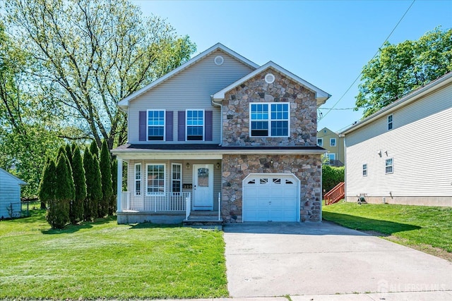 230 S 10th Ave S, Highland Park, NJ 08904 - view of front of property featuring stone siding, covered porch, an attached garage, and a front lawn