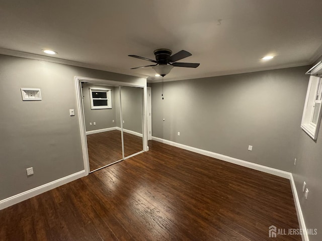 860 Barry Ave, Perth Amboy, NJ 08861 - unfurnished bedroom featuring wood finished floors, recessed lighting, ornamental molding, a ceiling fan, and a closet