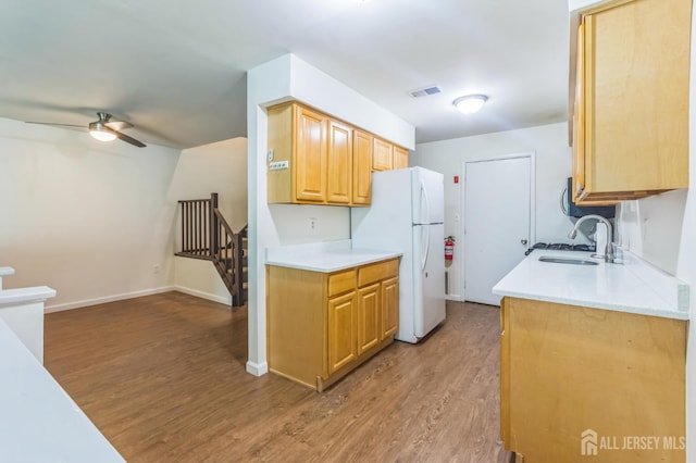 95 Lexington Cir, Old Bridge, NJ 07747 - kitchen with a sink, light wood finished floors, light countertops, freestanding refrigerator, and a ceiling fan