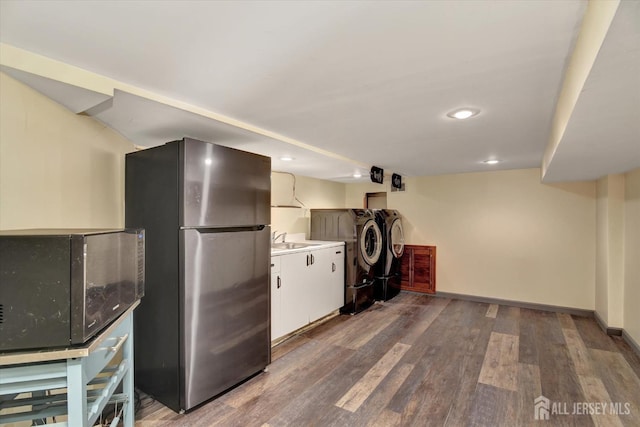 65 Brookview Cir, Jamesburg, NJ 08831 - clothes washing area with recessed lighting, a sink, dark wood finished floors, and baseboards