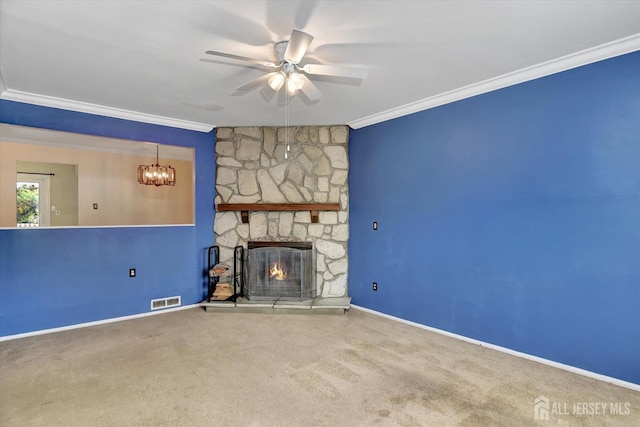 65 Brookview Cir, Jamesburg, NJ 08831 - unfurnished living room featuring visible vents, crown molding, baseboards, ceiling fan with notable chandelier, and carpet flooring