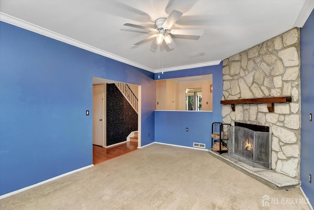 65 Brookview Cir, Jamesburg, NJ 08831 - unfurnished living room with visible vents, stairs, baseboards, ceiling fan, and carpet flooring