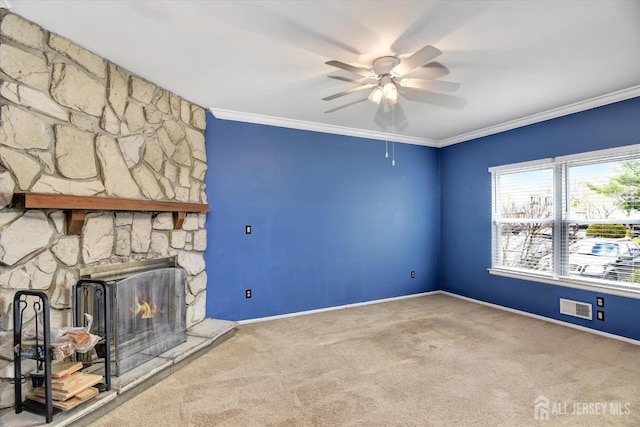 65 Brookview Cir, Jamesburg, NJ 08831 - unfurnished living room with crown molding, carpet floors, a ceiling fan, and visible vents