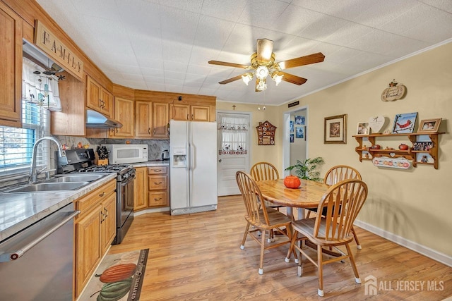 kitchen featuring ceiling fan, light hardwood / wood-style floors, decorative backsplash, sink, and stainless steel appliances