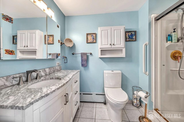 bathroom featuring toilet, a baseboard radiator, tile patterned flooring, an enclosed shower, and vanity