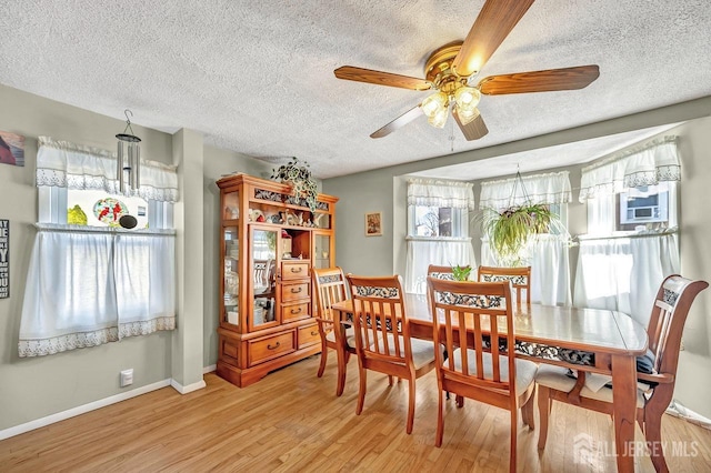 dining space with ceiling fan, a wealth of natural light, and light hardwood / wood-style floors