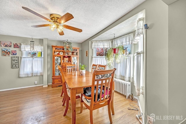 dining space with ceiling fan with notable chandelier, a textured ceiling, radiator heating unit, and light wood-type flooring