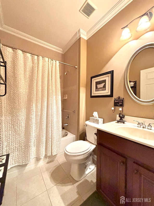 128 Fontaine Ct, Monroe, NJ 08831 - bathroom with ornamental molding, shower / bath combination with curtain, toilet, vanity, and tile patterned flooring