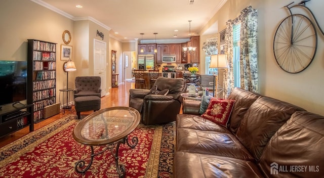 128 Fontaine Ct, Monroe, NJ 08831 - living area featuring light wood-style flooring, ornamental molding, and recessed lighting