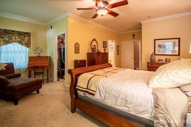 128 Fontaine Ct, Monroe, NJ 08831 - bedroom featuring light carpet, ornamental molding, a spacious closet, a closet, and a ceiling fan