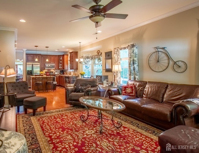 128 Fontaine Ct, Monroe, NJ 08831 - living area featuring crown molding, a ceiling fan, light wood finished floors, and recessed lighting