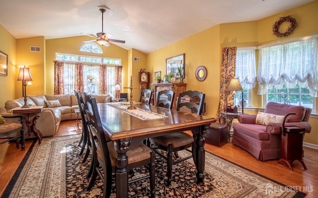128 Fontaine Ct, Monroe, NJ 08831 - dining space with wood finished floors, healthy amount of natural light, ceiling fan, and lofted ceiling