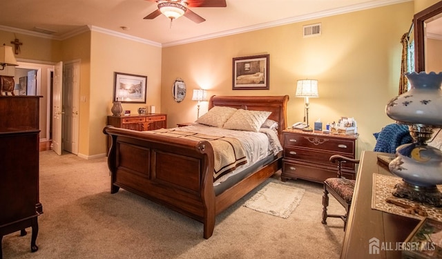 128 Fontaine Ct, Monroe, NJ 08831 - bedroom featuring light colored carpet, ornamental molding, baseboards, and a ceiling fan
