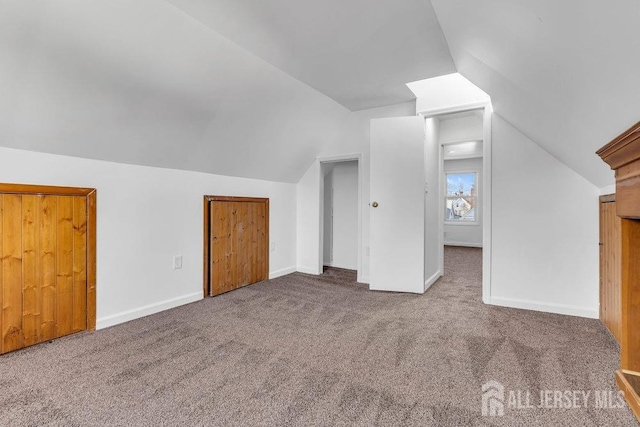 bonus room featuring vaulted ceiling and carpet floors