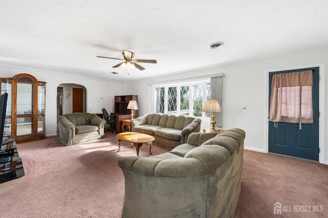 109 Russell St, Woodbridge Proper, NJ 07095 - carpeted living area with arched walkways and ceiling fan