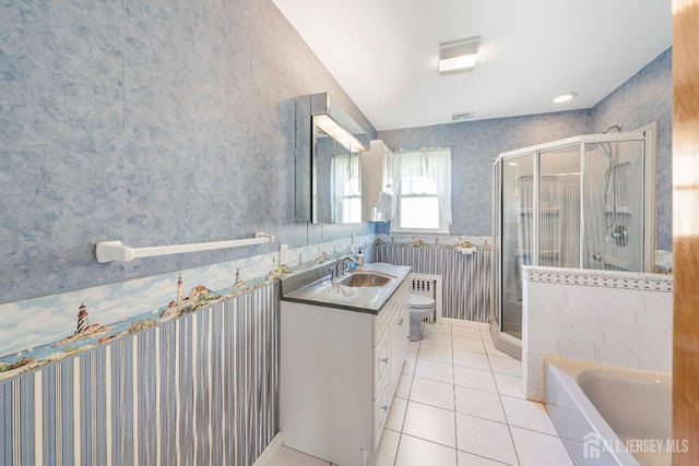109 Russell St, Woodbridge Proper, NJ 07095 - full bath featuring wallpapered walls, vanity, a stall shower, a bath, and tile patterned flooring