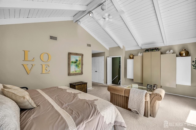 10 Margie Rd, East Brunswick, NJ 08816 - bedroom with carpet, baseboards, wood ceiling with exposed beams, and high vaulted ceiling