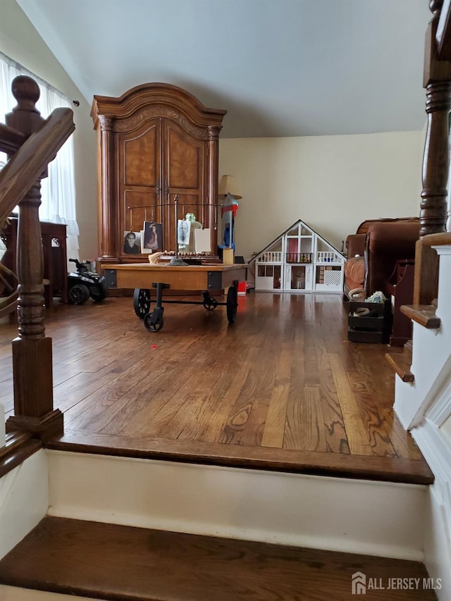 interior space featuring vaulted ceiling and wood finished floors