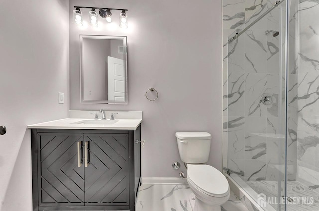 28 Kenmore Rd, Edison, NJ 08817 - full bath with marble look tiles, a marble finish shower, toilet, vanity, and baseboards