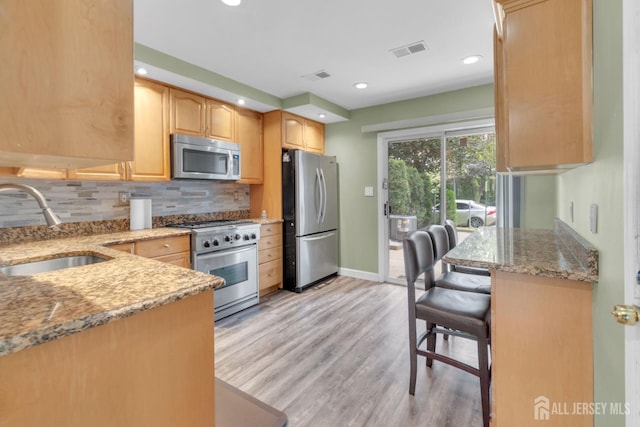 20 Sassafras Ct, North Brunswick, NJ 08902 - kitchen featuring stainless steel appliances, a sink, light stone countertops, decorative backsplash, and recessed lighting