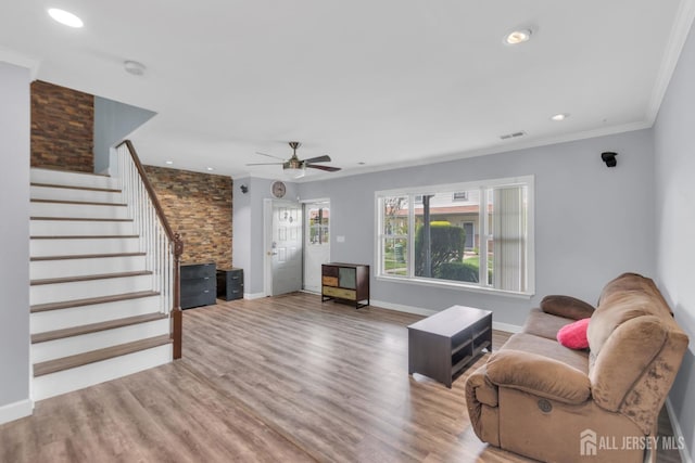 20 Sassafras Ct, North Brunswick, NJ 08902 - living room featuring stairway, a ceiling fan, ornamental molding, wood finished floors, and recessed lighting