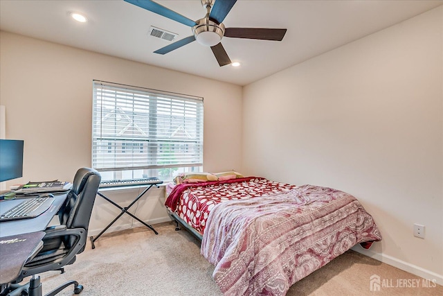 carpeted bedroom featuring baseboards, an office area, recessed lighting, and a ceiling fan