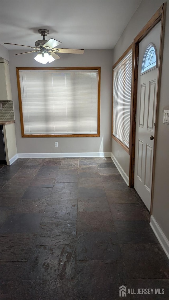 53 Suydam St, New Brunswick, NJ 08901 - foyer entrance with baseboards, a ceiling fan, and stone tile flooring