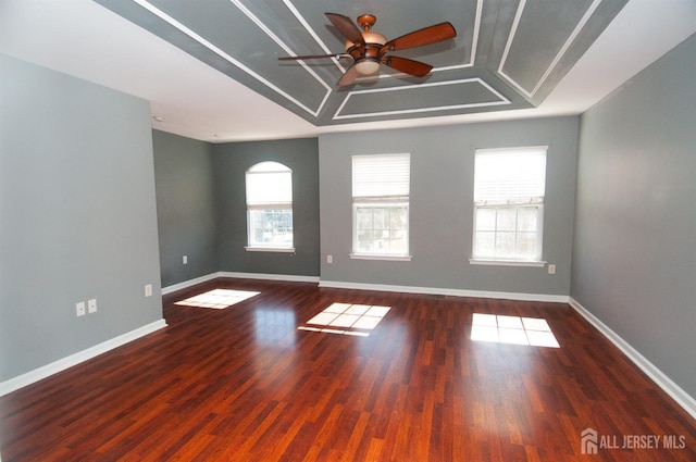 unfurnished room with dark hardwood / wood-style floors, plenty of natural light, and a tray ceiling