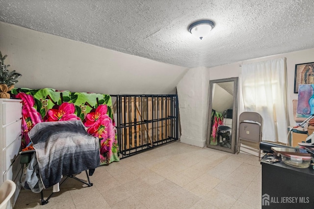 209 New St, New Brunswick, NJ 08901 - bedroom featuring a textured ceiling, tile patterned floors, and vaulted ceiling