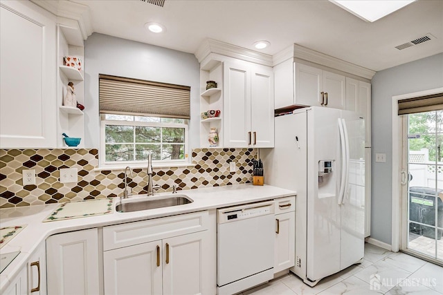 7 Cambridge Ct, East Brunswick, NJ 08816 - kitchen featuring white appliances, open shelves, white cabinetry, light countertops, and recessed lighting